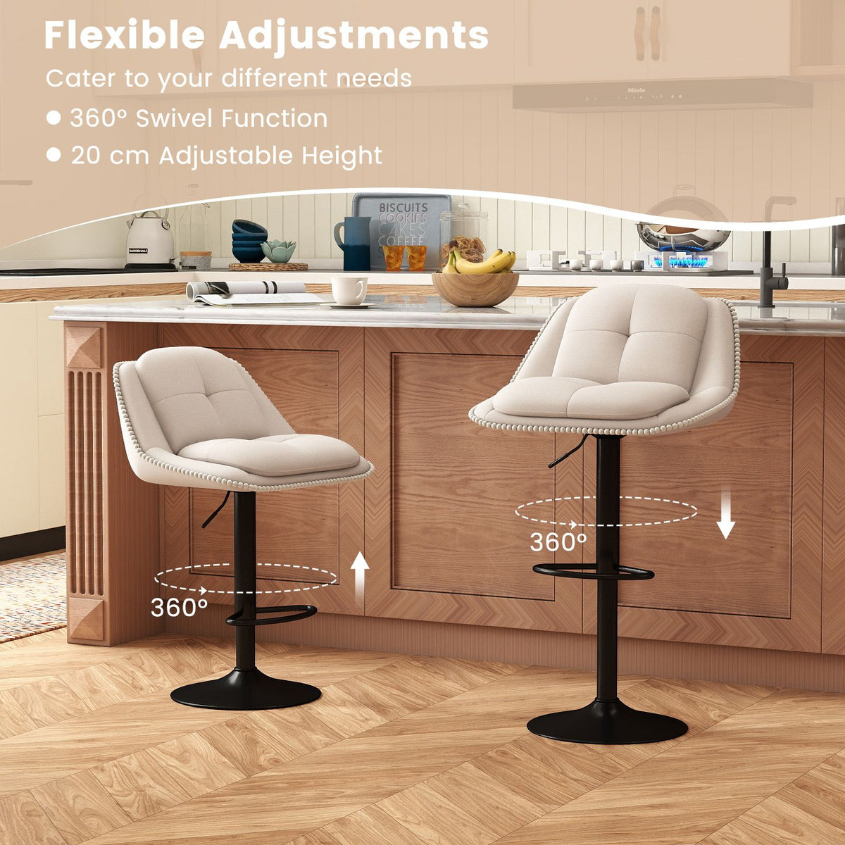 Bar Stools Set of 2 Modern Adjustable Chenille Upholstered Barstools with Footrests