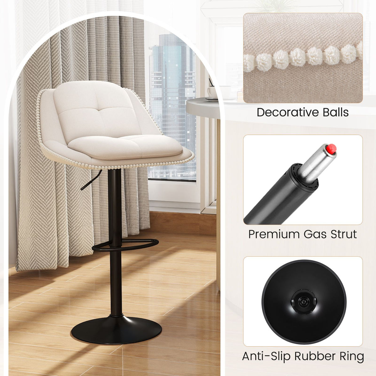 Bar Stools Set of 2 Modern Adjustable Chenille Upholstered Barstools with Footrests