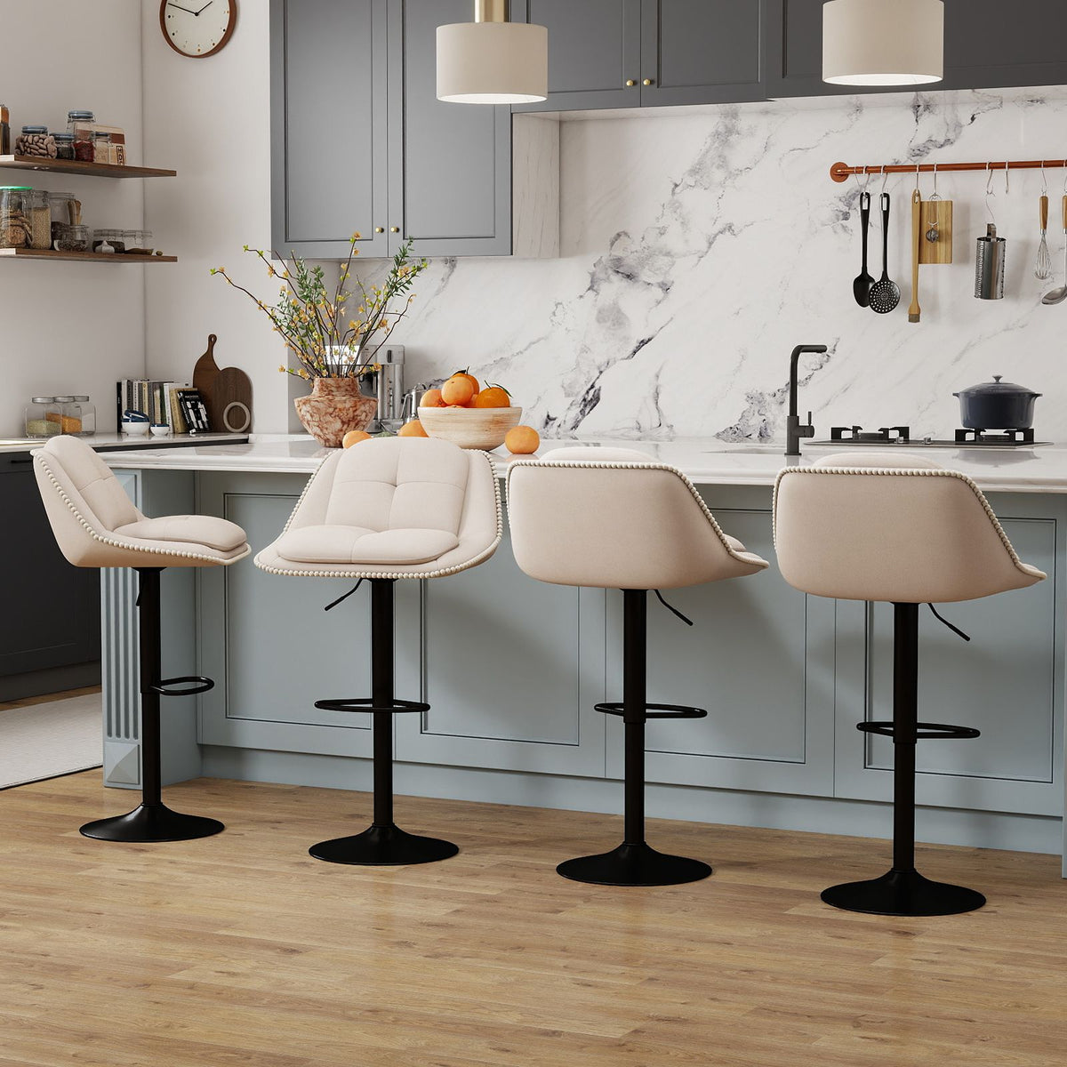 Bar Stools Set of 2 Modern Adjustable Chenille Upholstered Barstools with Footrests