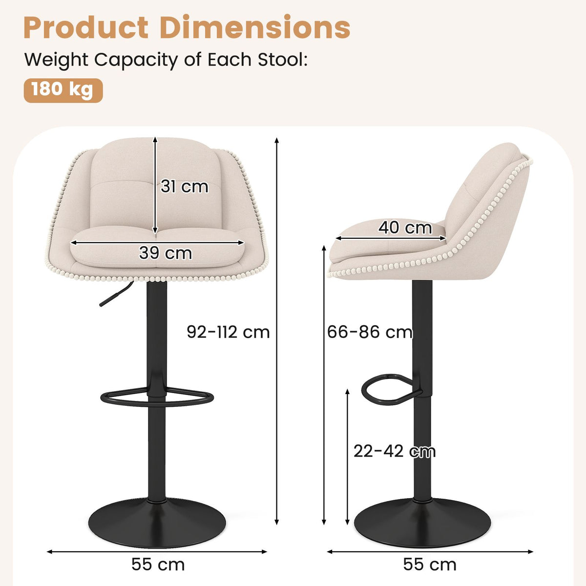 Bar Stools Set of 2 Modern Adjustable Chenille Upholstered Barstools with Footrests
