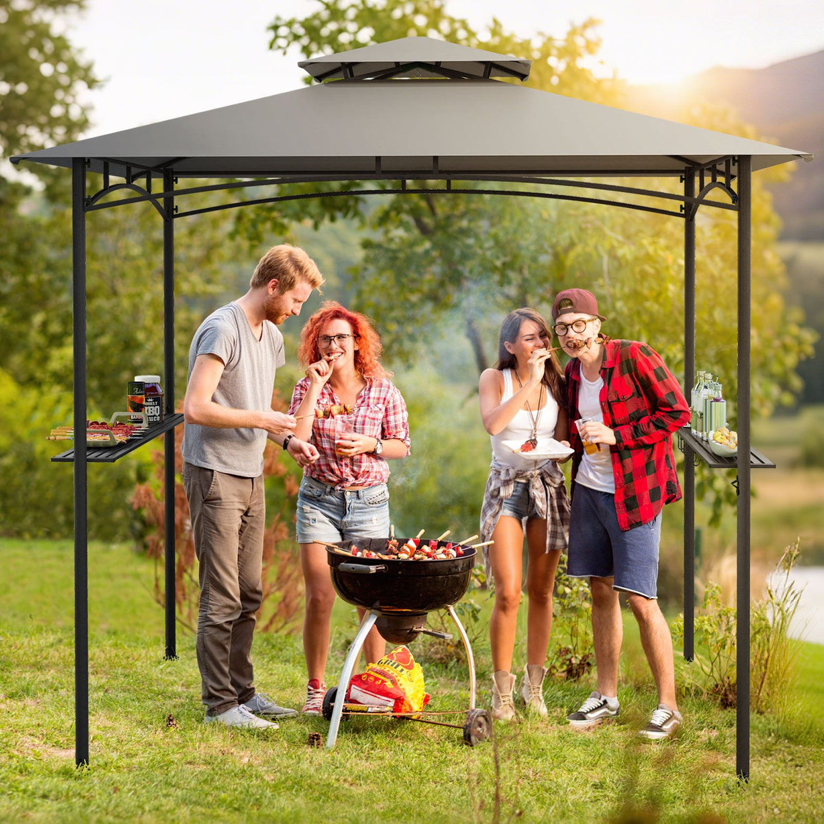 Barbecue Gazebo Shelter with Double-Tiered Roof for Backyard