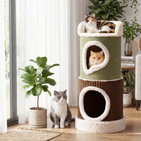 Barrel-Shaped Cat House with Top Perch and Double Condos Comfy Mats
