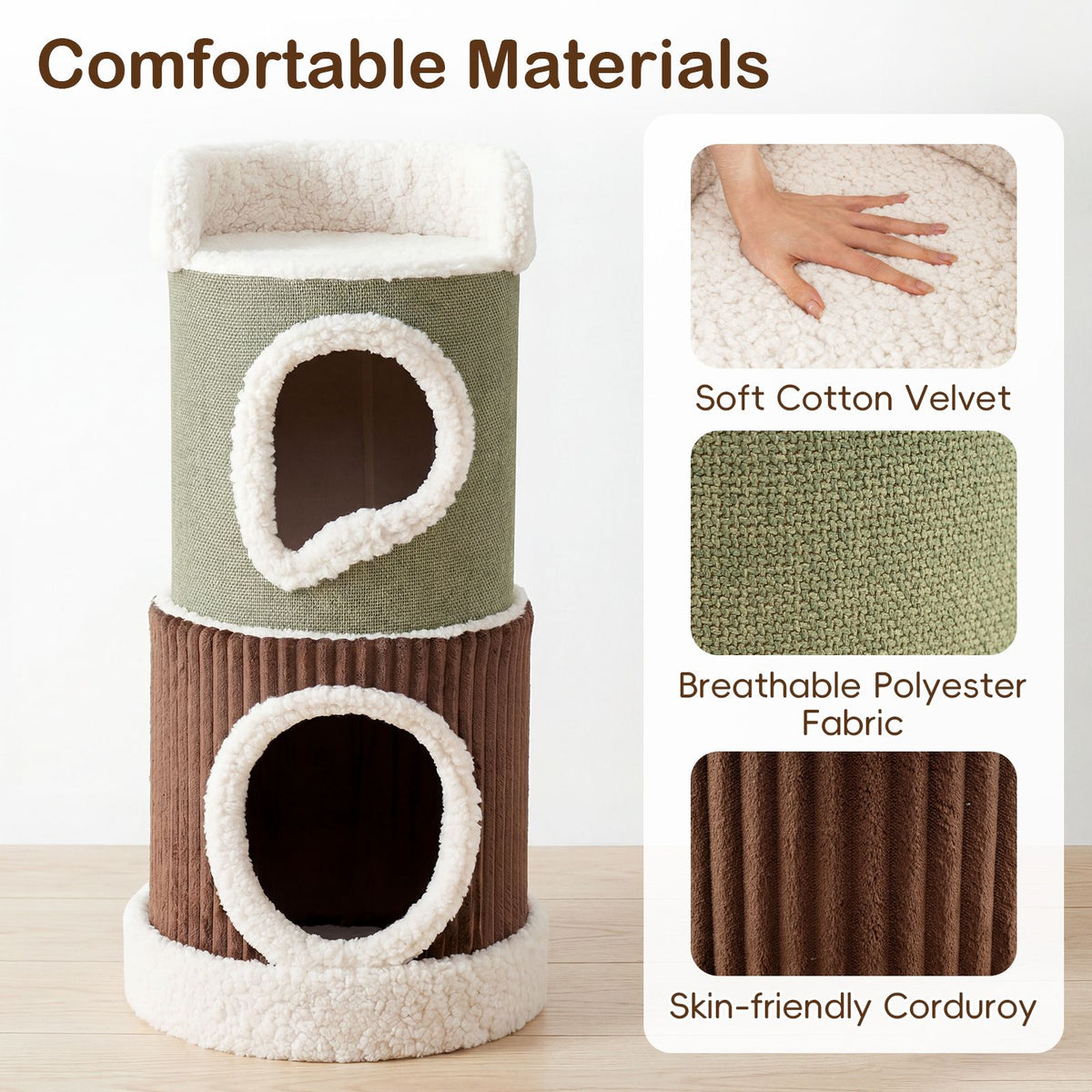 Barrel-Shaped Cat House with Top Perch and Double Condos Comfy Mats