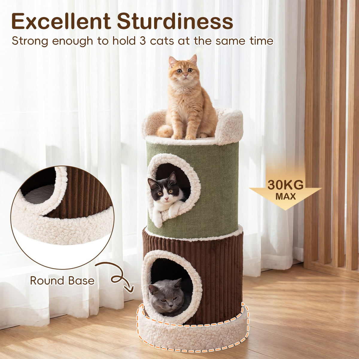 Barrel-Shaped Cat House with Top Perch and Double Condos Comfy Mats