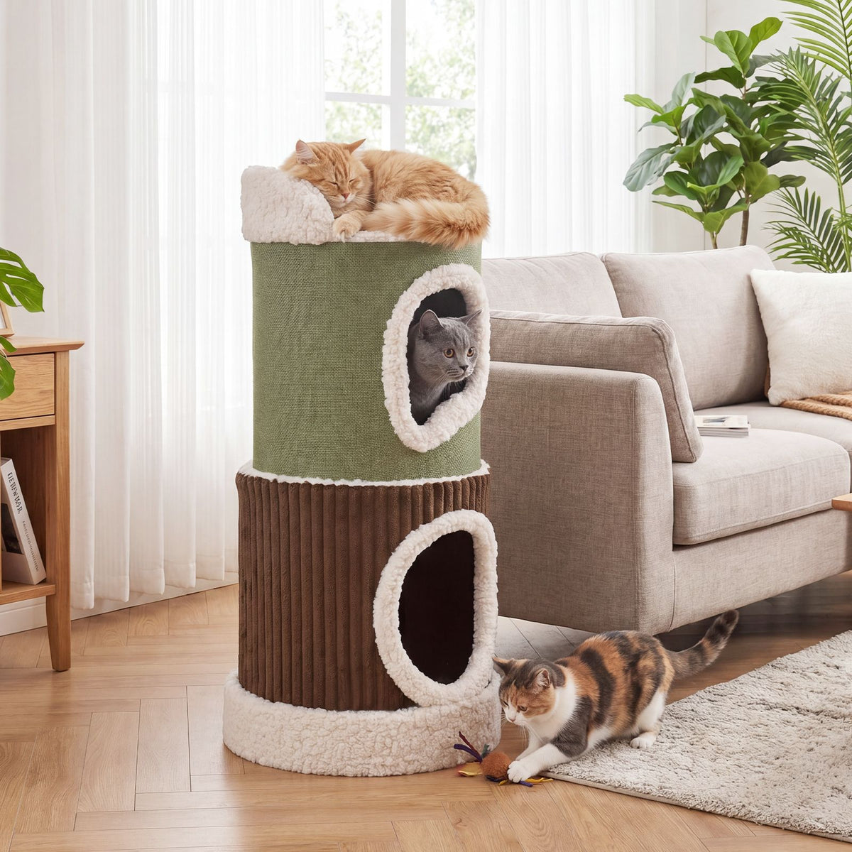 Barrel-Shaped Cat House with Top Perch and Double Condos Comfy Mats