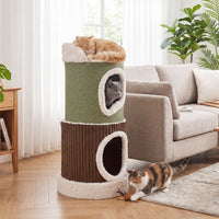 Barrel-Shaped Cat House with Top Perch and Double Condos Comfy Mats