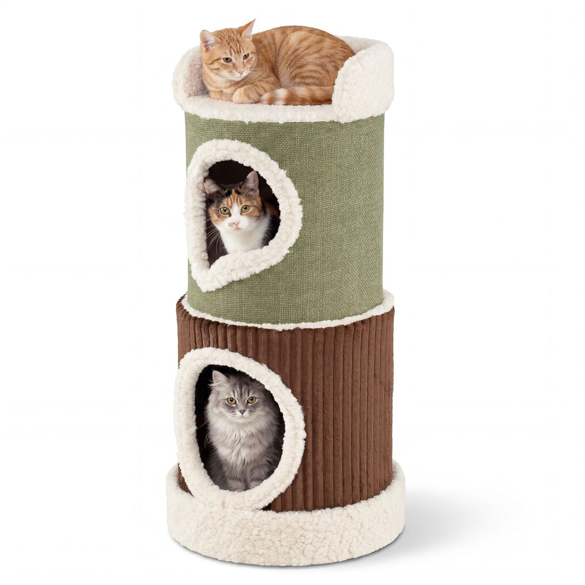Barrel-Shaped Cat House with Top Perch and Double Condos Comfy Mats