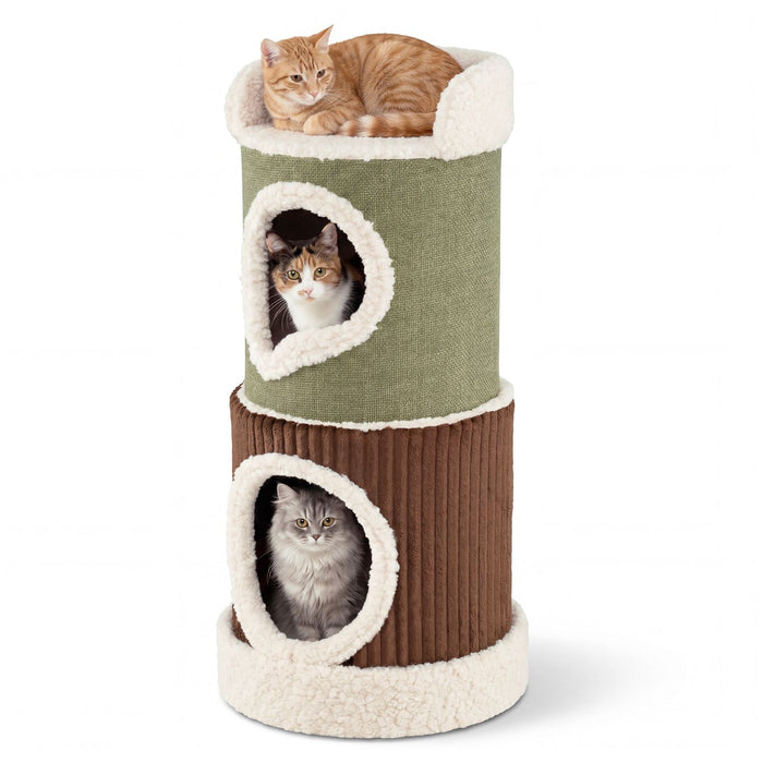 Barrel-Shaped Cat House with Top Perch and Double Condos Comfy Mats