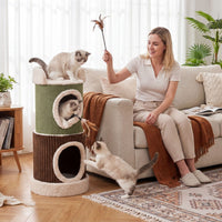 Barrel-Shaped Cat House with Top Perch and Double Condos Comfy Mats