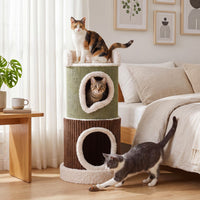 Barrel-Shaped Cat House with Top Perch and Double Condos Comfy Mats