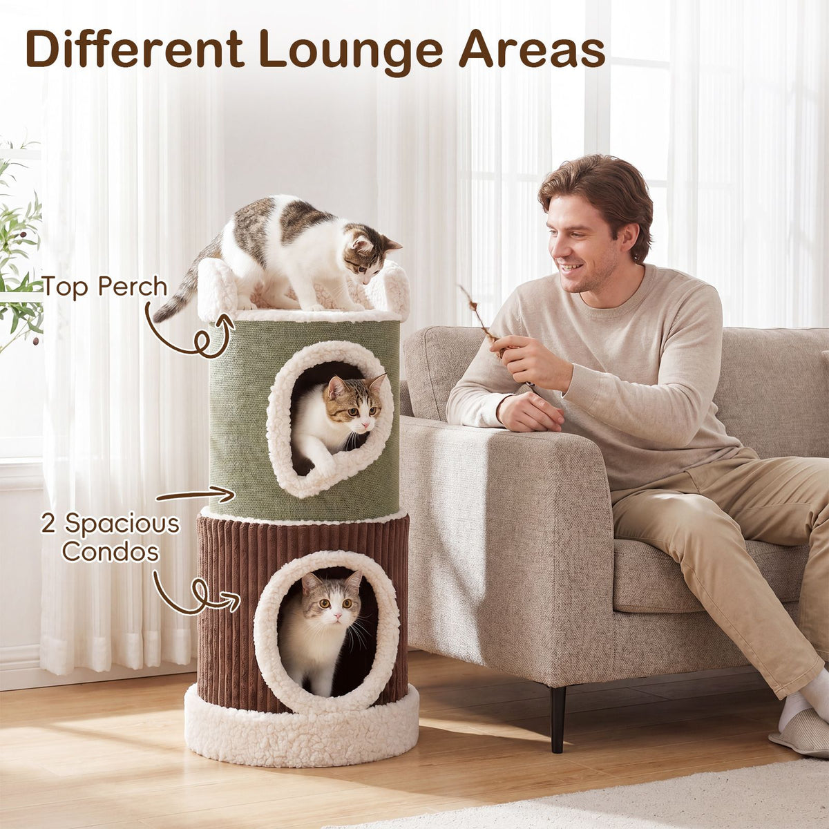 Barrel-Shaped Cat House with Top Perch and Double Condos Comfy Mats