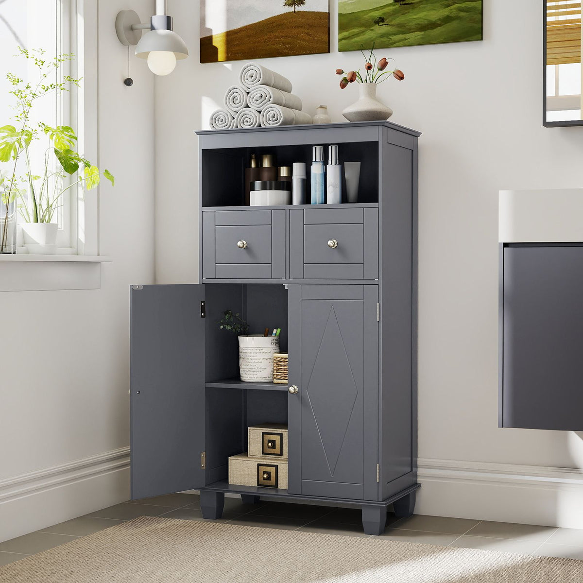 Bathroom Floor Storage Cabinet with Doors and Shelves for Living Room