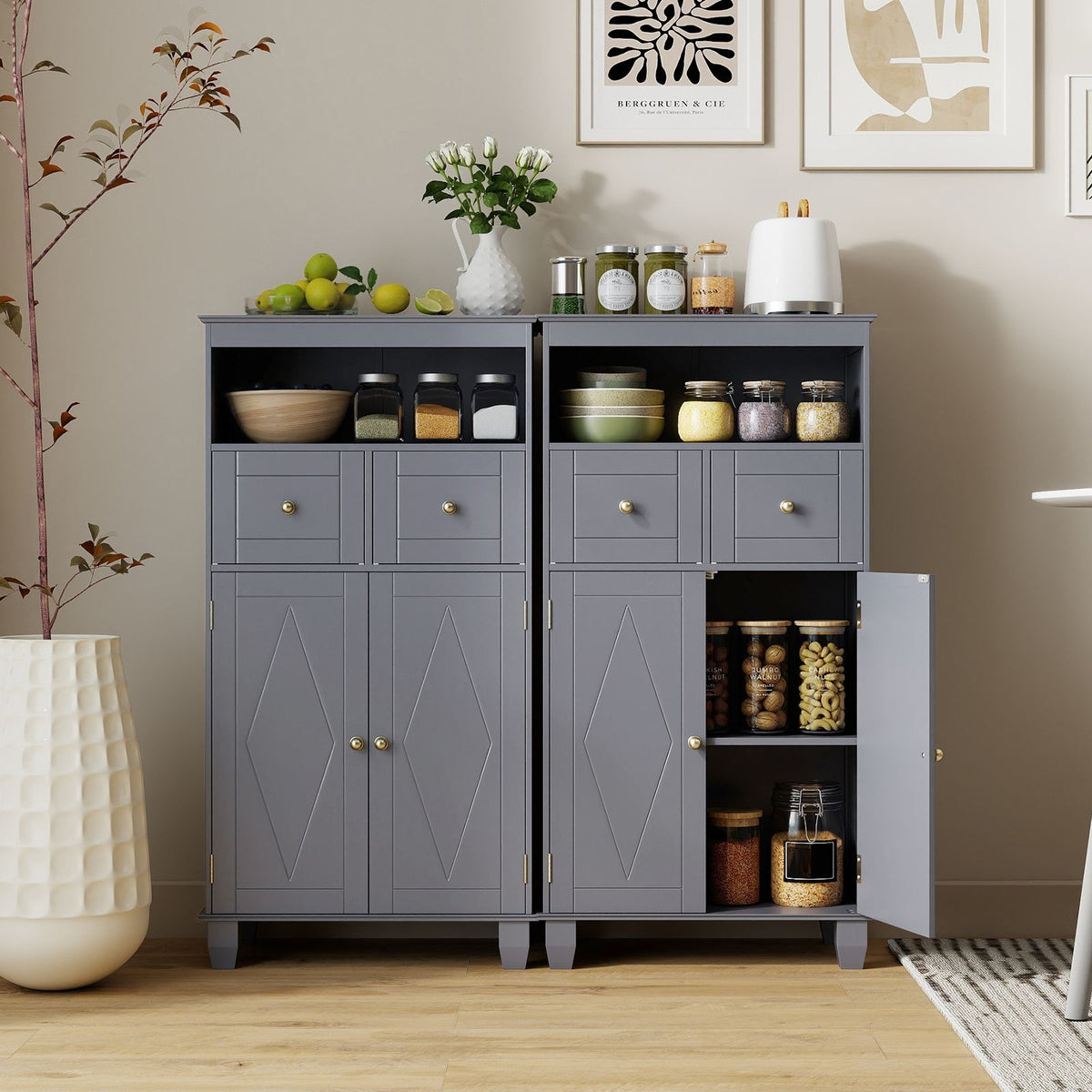 Bathroom Floor Storage Cabinet with Doors and Shelves for Living Room