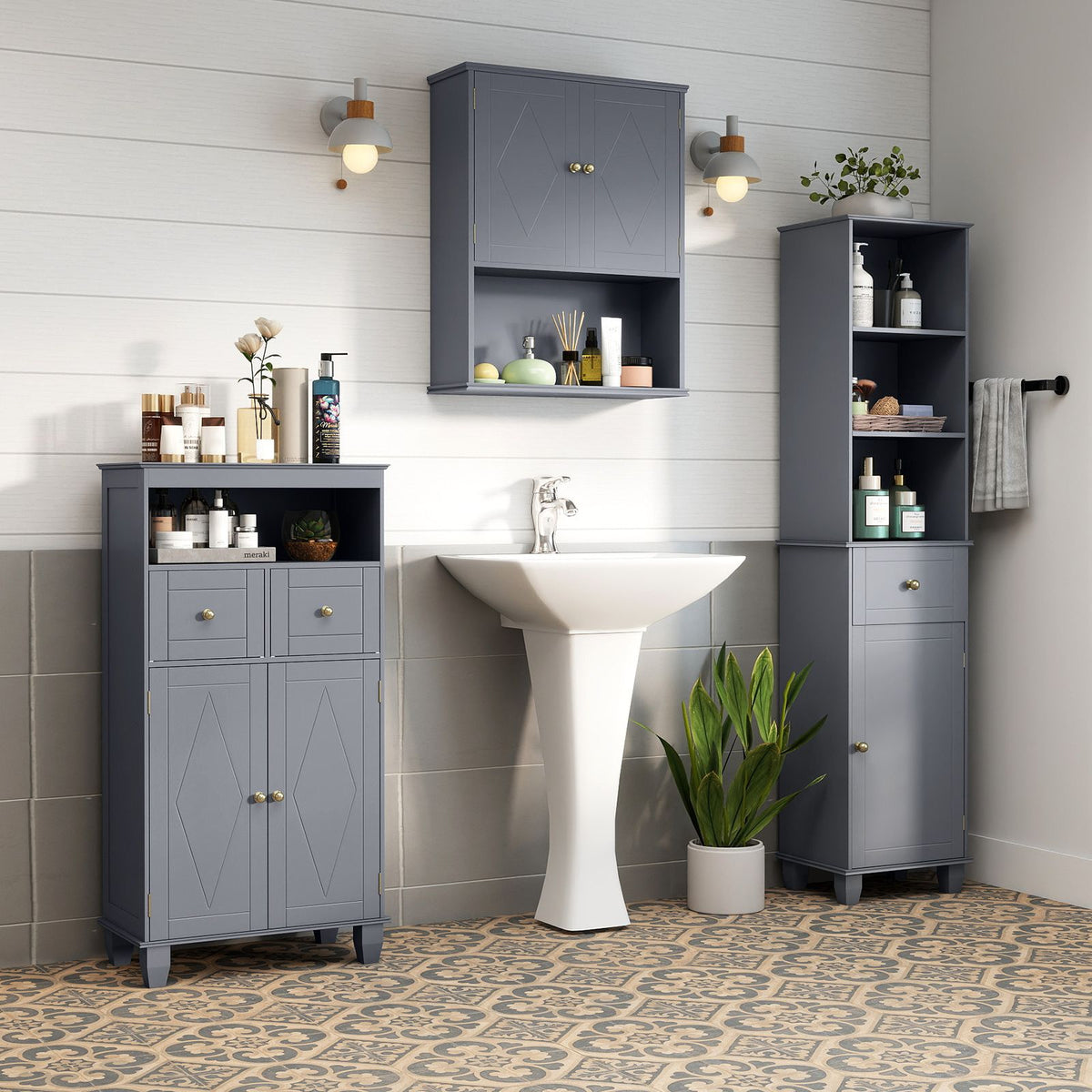 Bathroom Floor Storage Cabinet with Doors and Shelves for Living Room