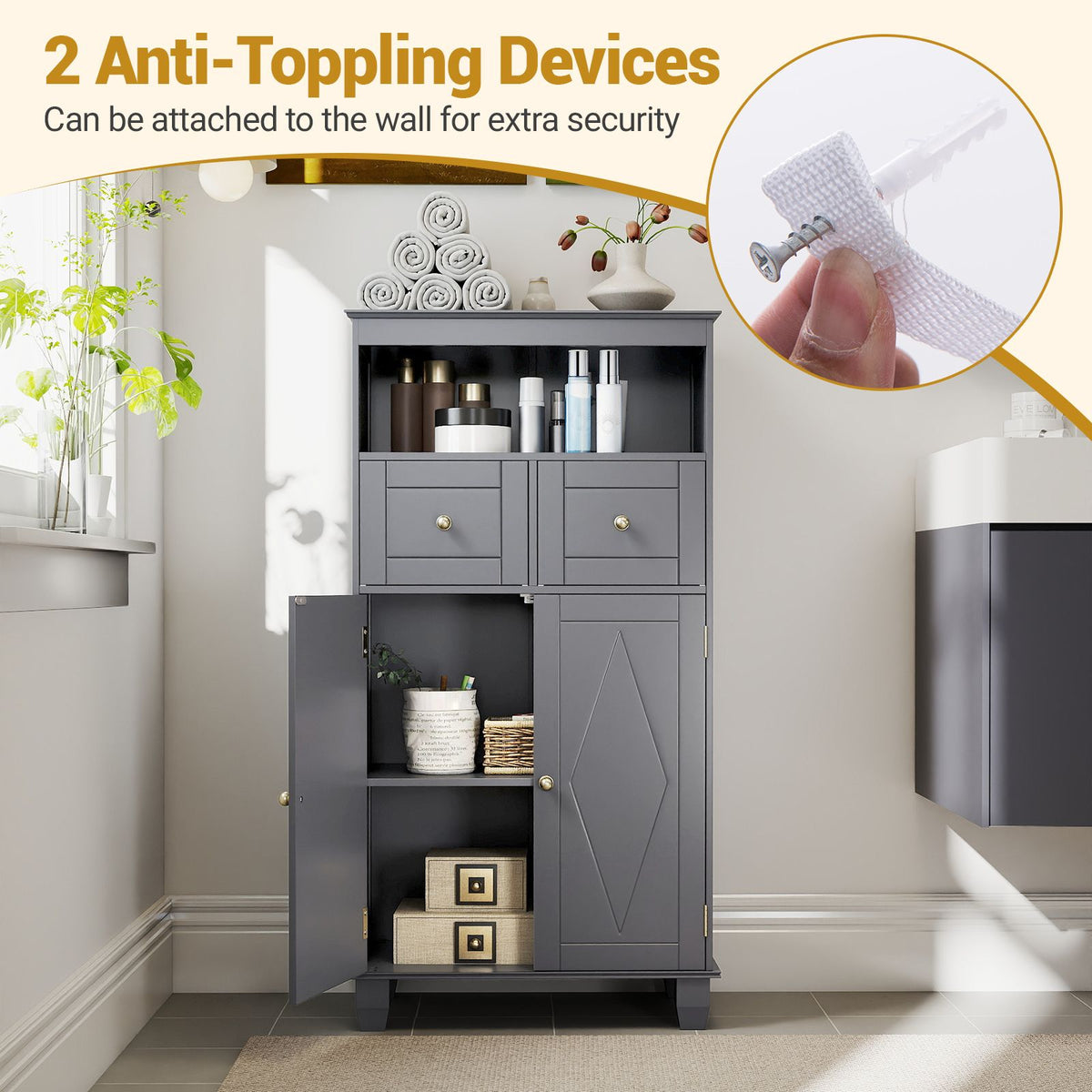 Bathroom Floor Storage Cabinet with Doors and Shelves for Living Room