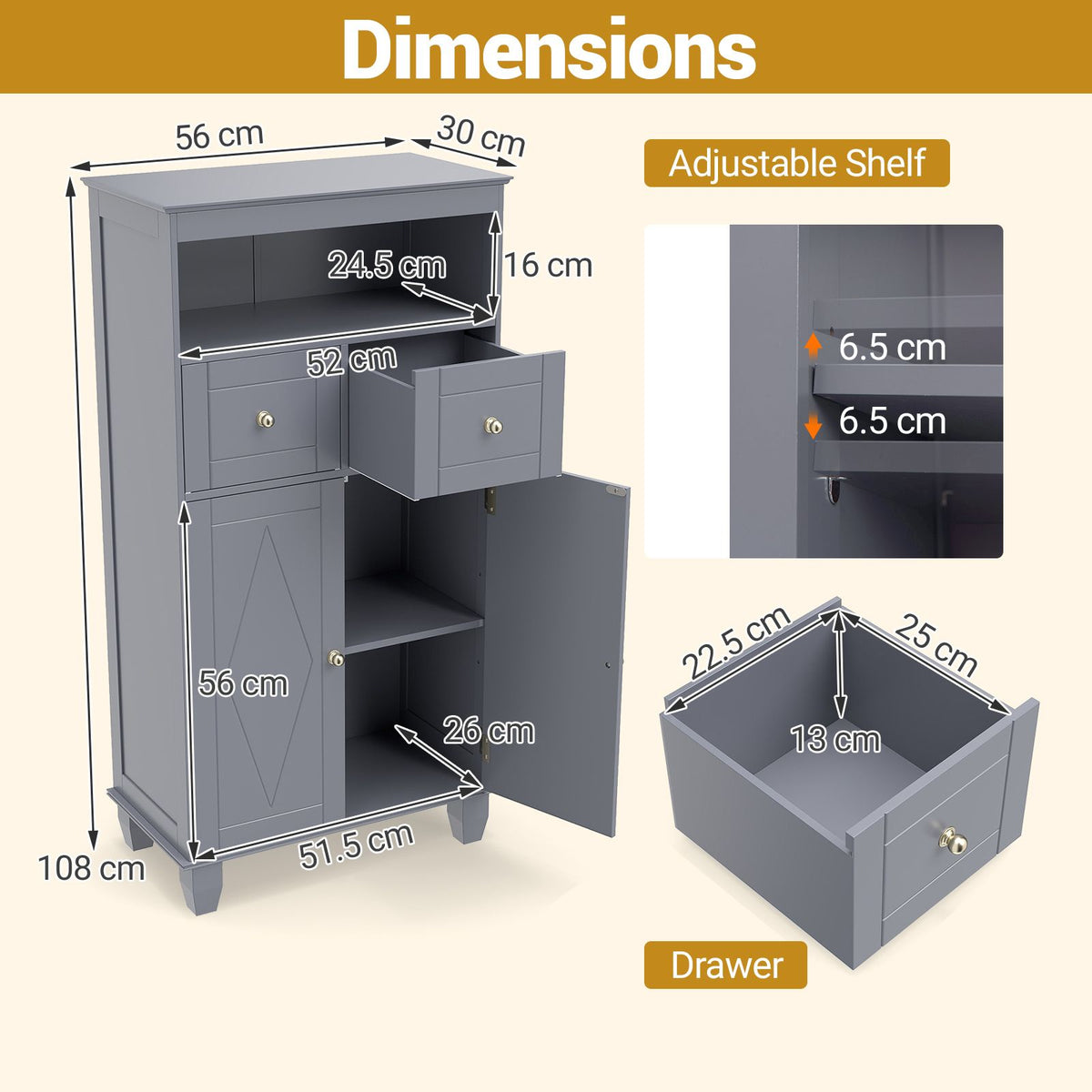 Bathroom Floor Storage Cabinet with Doors and Shelves for Living Room