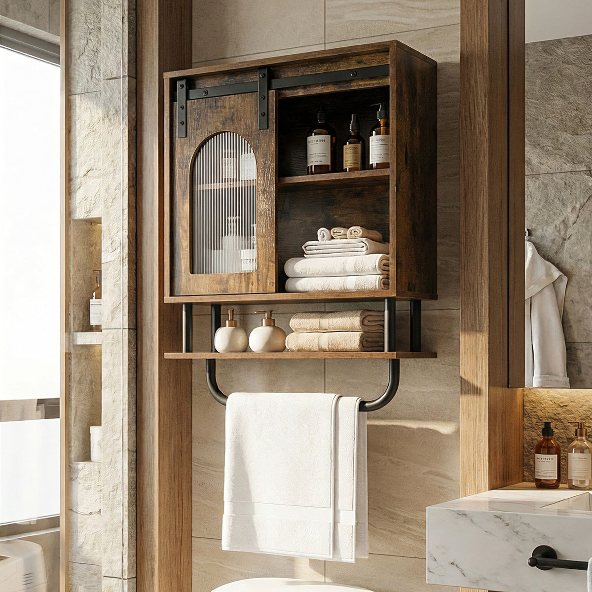 Bathroom Wall Cabinet with Sliding Barn Door and Metal Hanging Bar