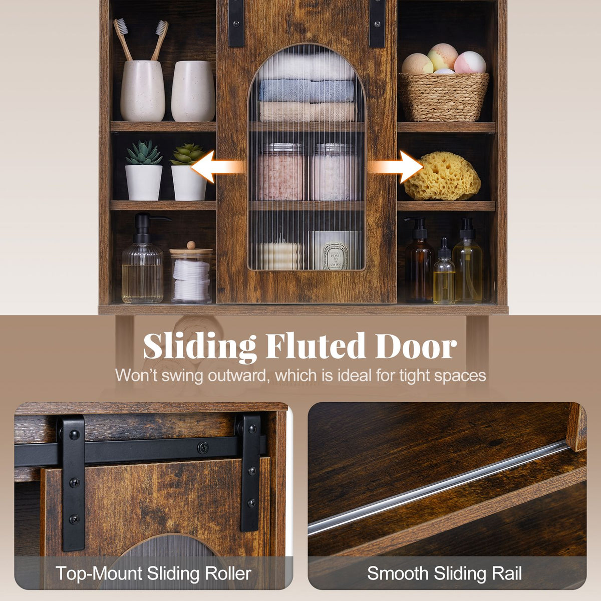 Bathroom Wall Cabinet with Sliding Barn Door and Metal Hanging Bar