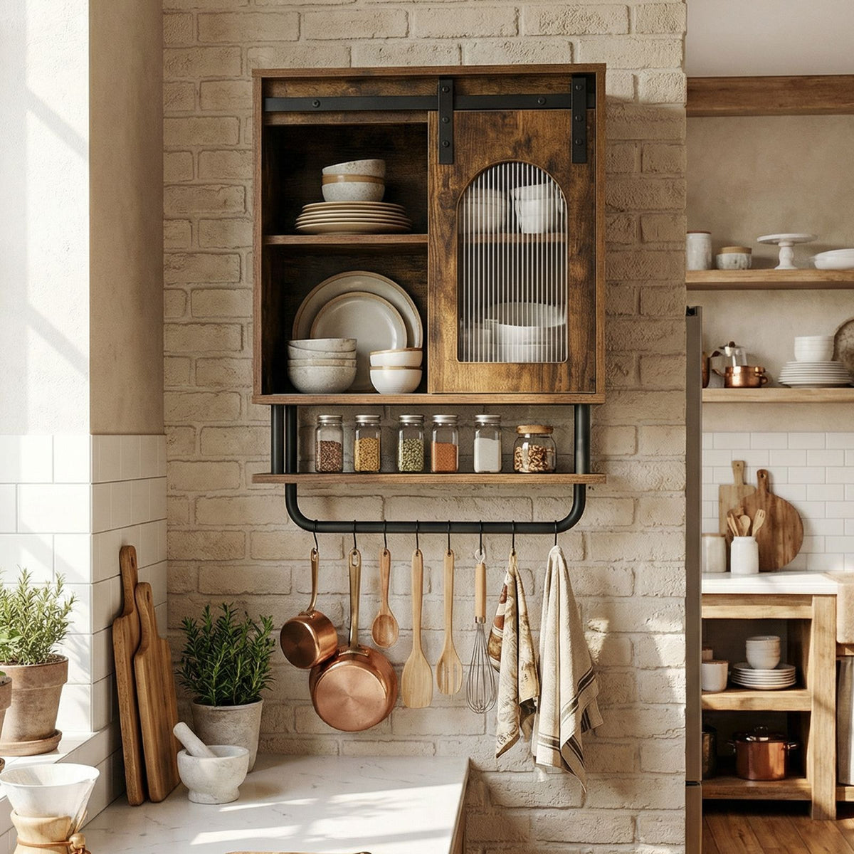 Bathroom Wall Cabinet with Sliding Barn Door and Metal Hanging Bar