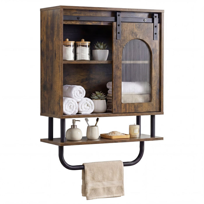 Bathroom Wall Cabinet with Sliding Barn Door and Metal Hanging Bar