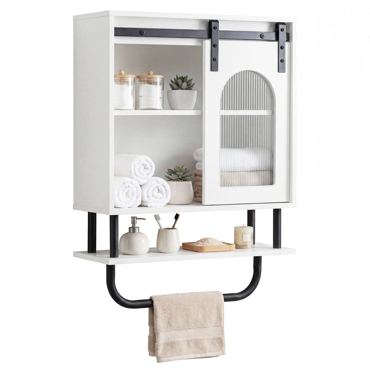 Bathroom Wall Cabinet with Sliding Barn Door and Metal Hanging Bar