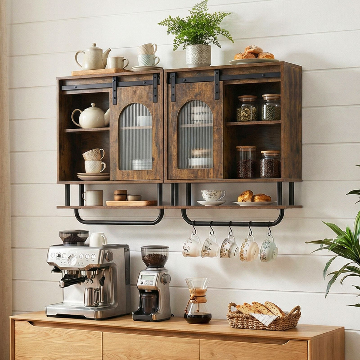 Bathroom Wall Cabinet with Sliding Barn Door and Metal Hanging Bar
