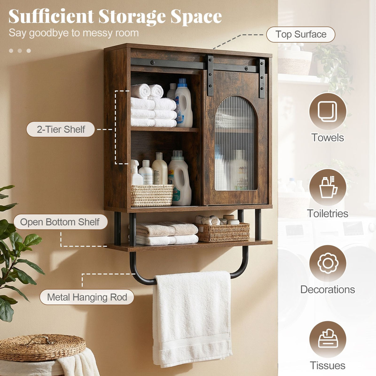 Bathroom Wall Cabinet with Sliding Barn Door and Metal Hanging Bar