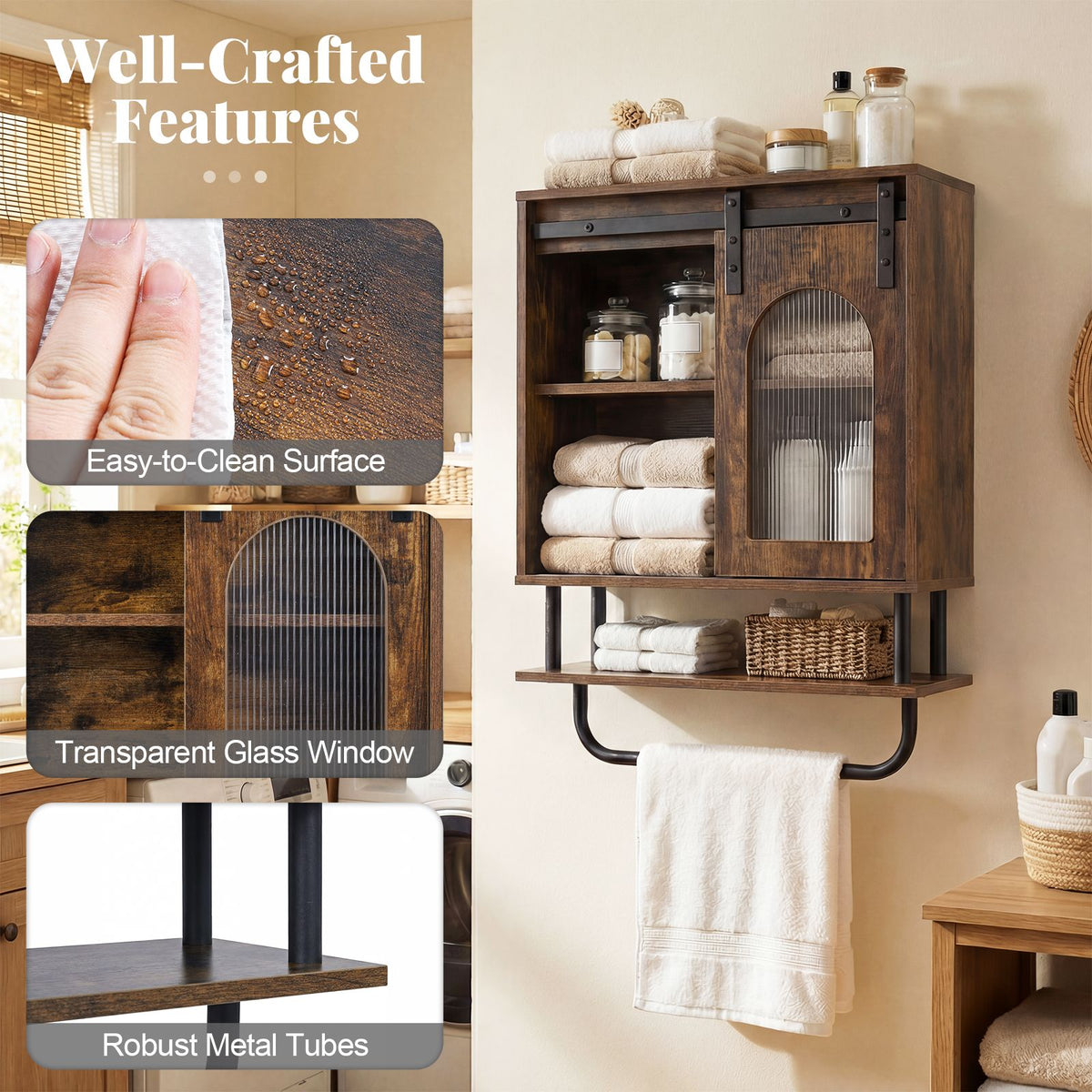 Bathroom Wall Cabinet with Sliding Barn Door and Metal Hanging Bar