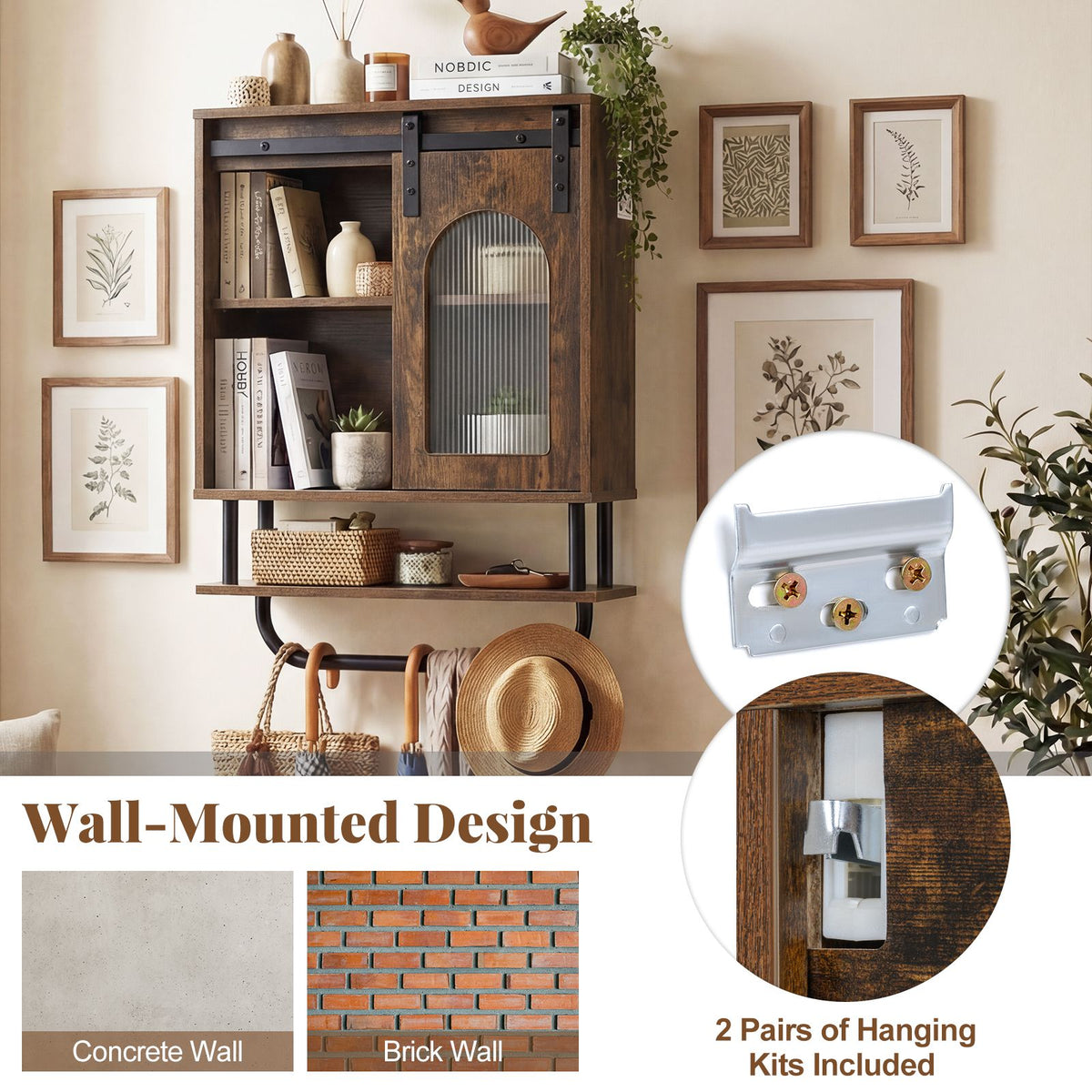 Bathroom Wall Cabinet with Sliding Barn Door and Metal Hanging Bar
