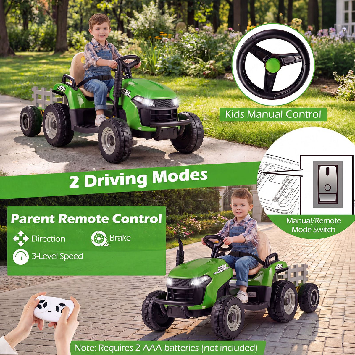 24V Ride on Tractor with Tiltable Detachable Trailer Remote and LED