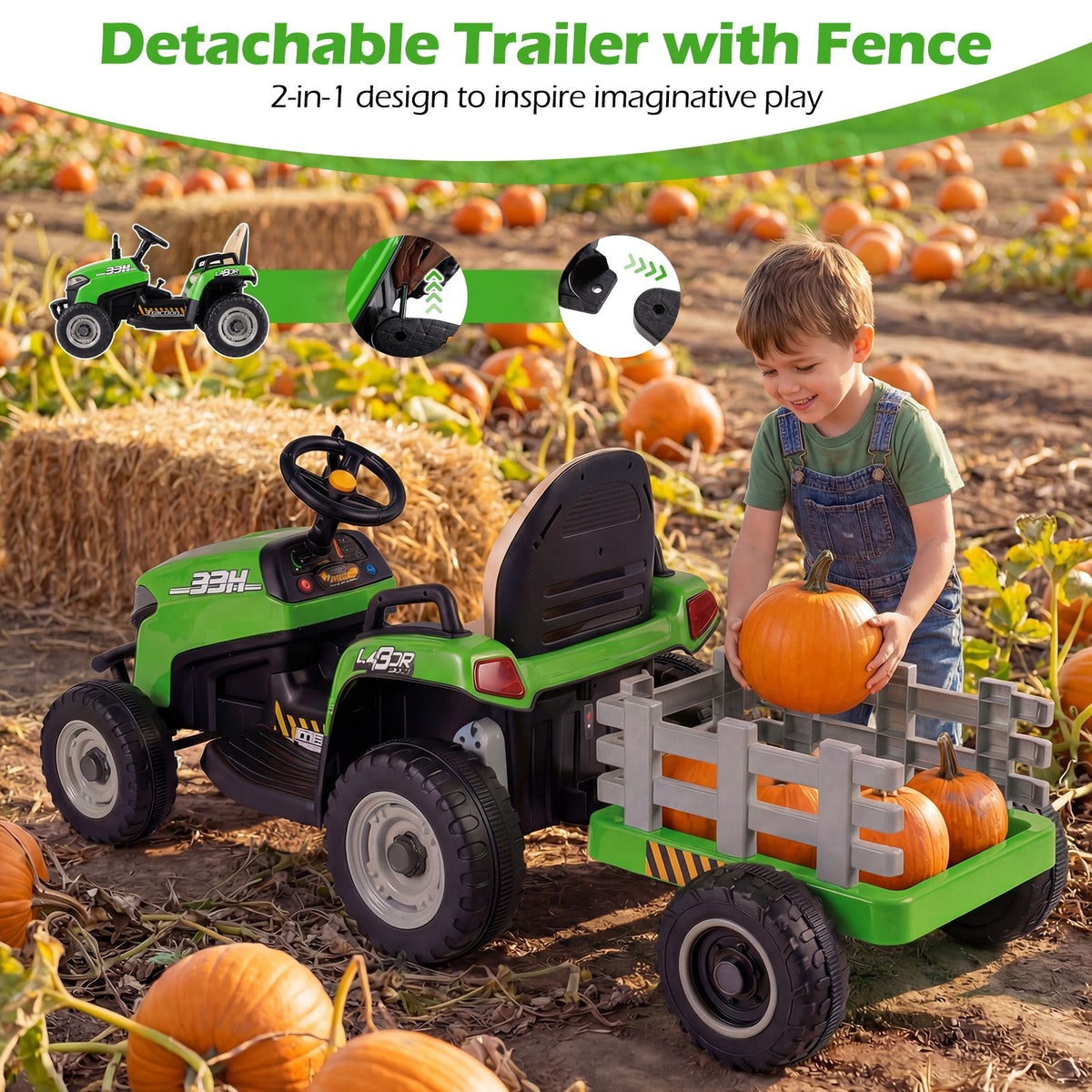 24V Ride on Tractor with Tiltable Detachable Trailer Remote and LED