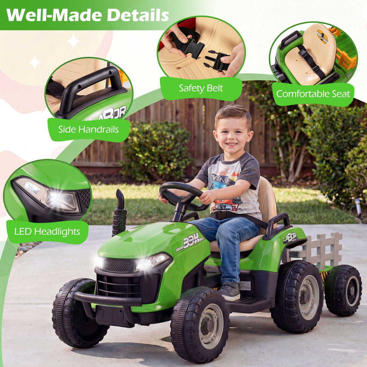 24V Ride on Tractor with Tiltable Detachable Trailer Remote and LED