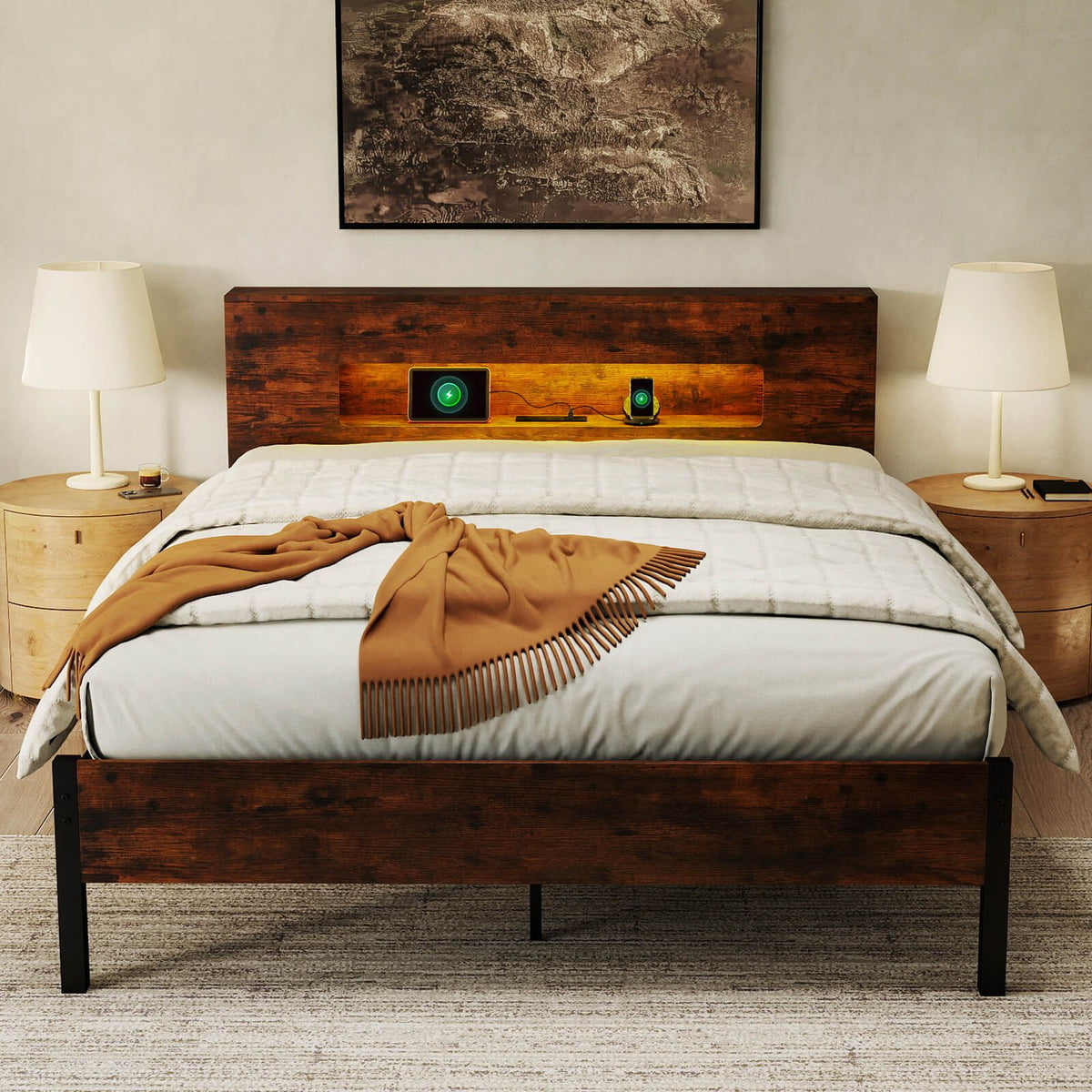 Bed Frame with LED Lights Industrial Platform Bed with Storage Headboard