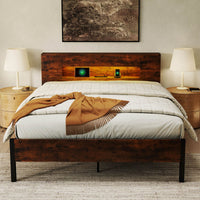 Bed Frame with LED Lights Industrial Platform Bed with Storage Headboard