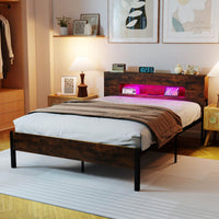 Bed Frame with LED Lights Industrial Platform Bed with Storage Headboard