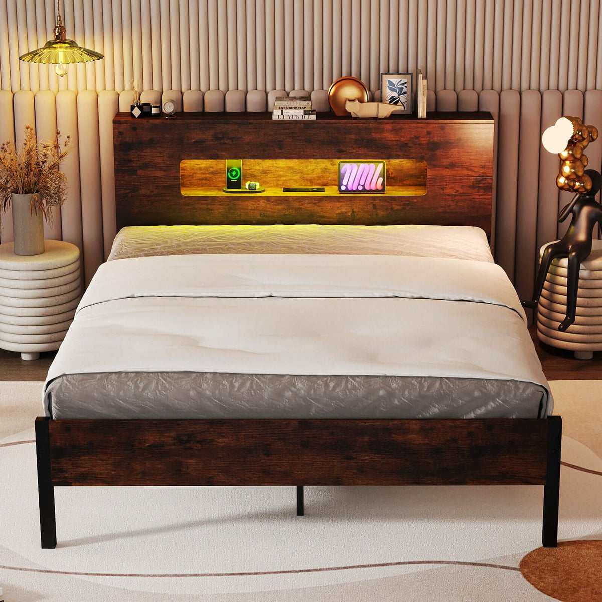 Bed Frame with LED Lights Industrial Platform Bed with Storage Headboard