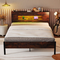 Bed Frame with LED Lights Industrial Platform Bed with Storage Headboard