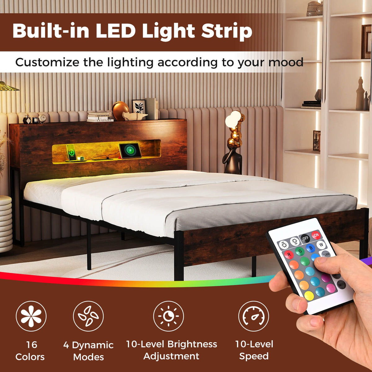 Bed Frame with LED Lights Industrial Platform Bed with Storage Headboard