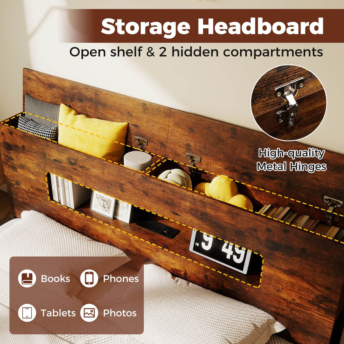 Bed Frame with LED Lights Industrial Platform Bed with Storage Headboard