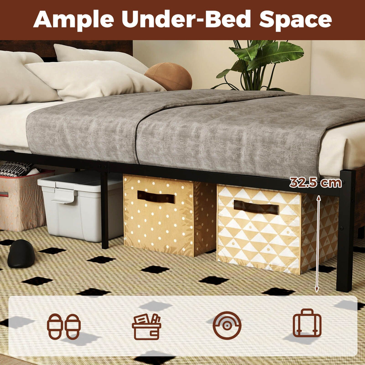 Bed Frame with LED Lights Industrial Platform Bed with Storage Headboard