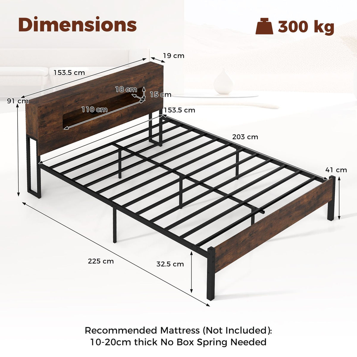 Bed Frame with LED Lights Industrial Platform Bed with Storage Headboard