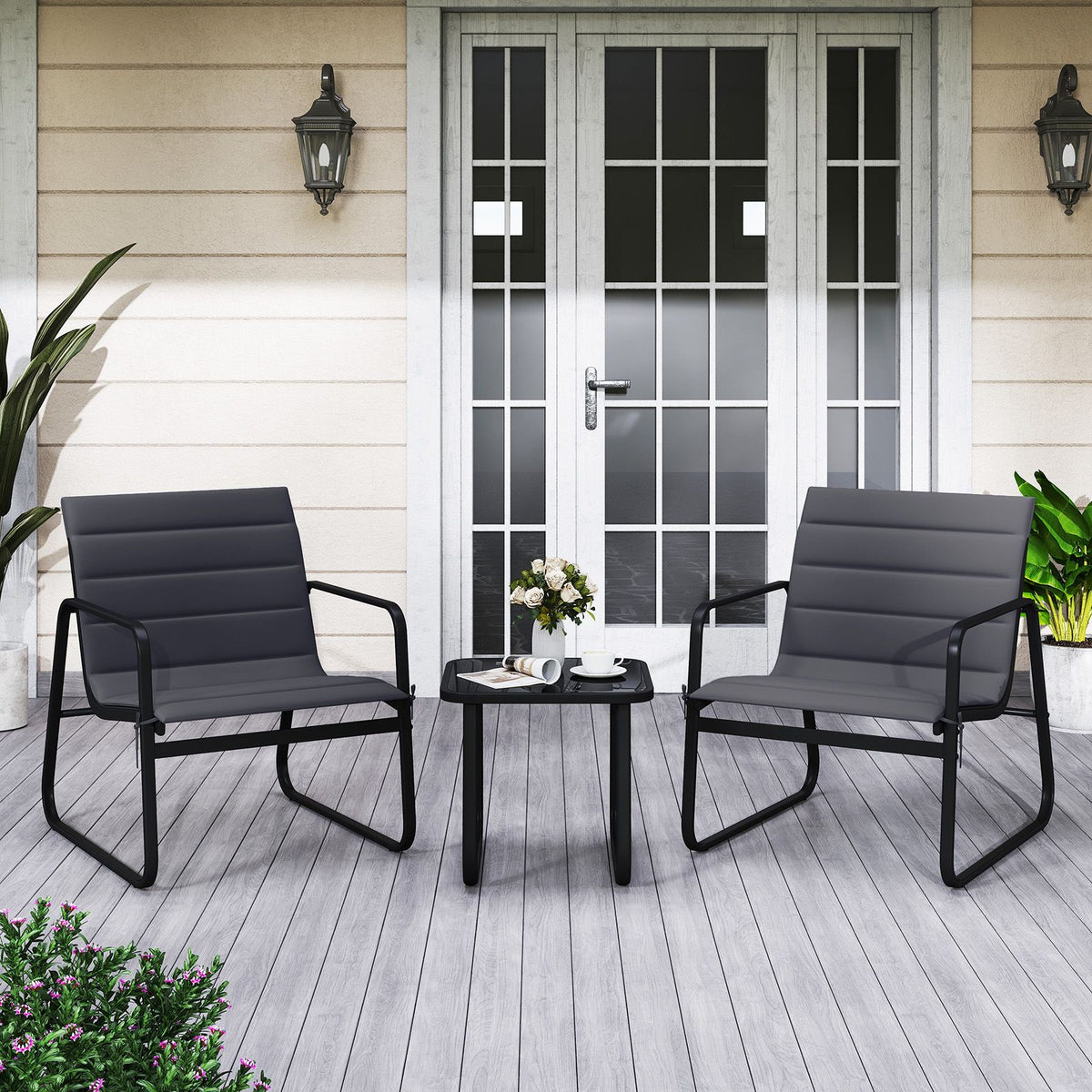 3 Pieces Bistro Set with Detachable Cushions and Sturdy Metal Legs