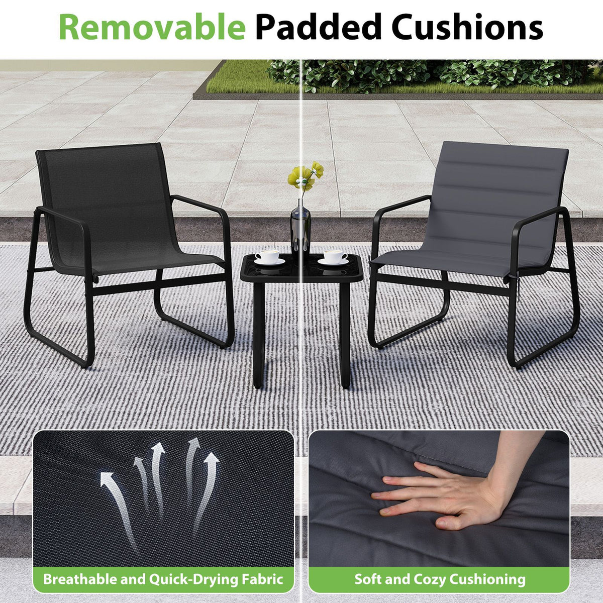 3 Pieces Bistro Set with Detachable Cushions and Sturdy Metal Legs