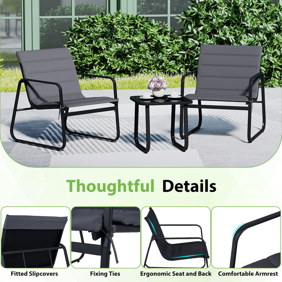 3 Pieces Bistro Set with Detachable Cushions and Sturdy Metal Legs