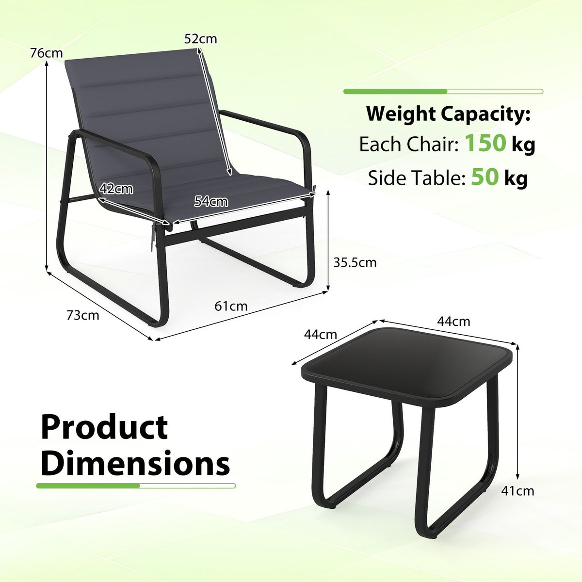 3 Pieces Bistro Set with Detachable Cushions and Sturdy Metal Legs