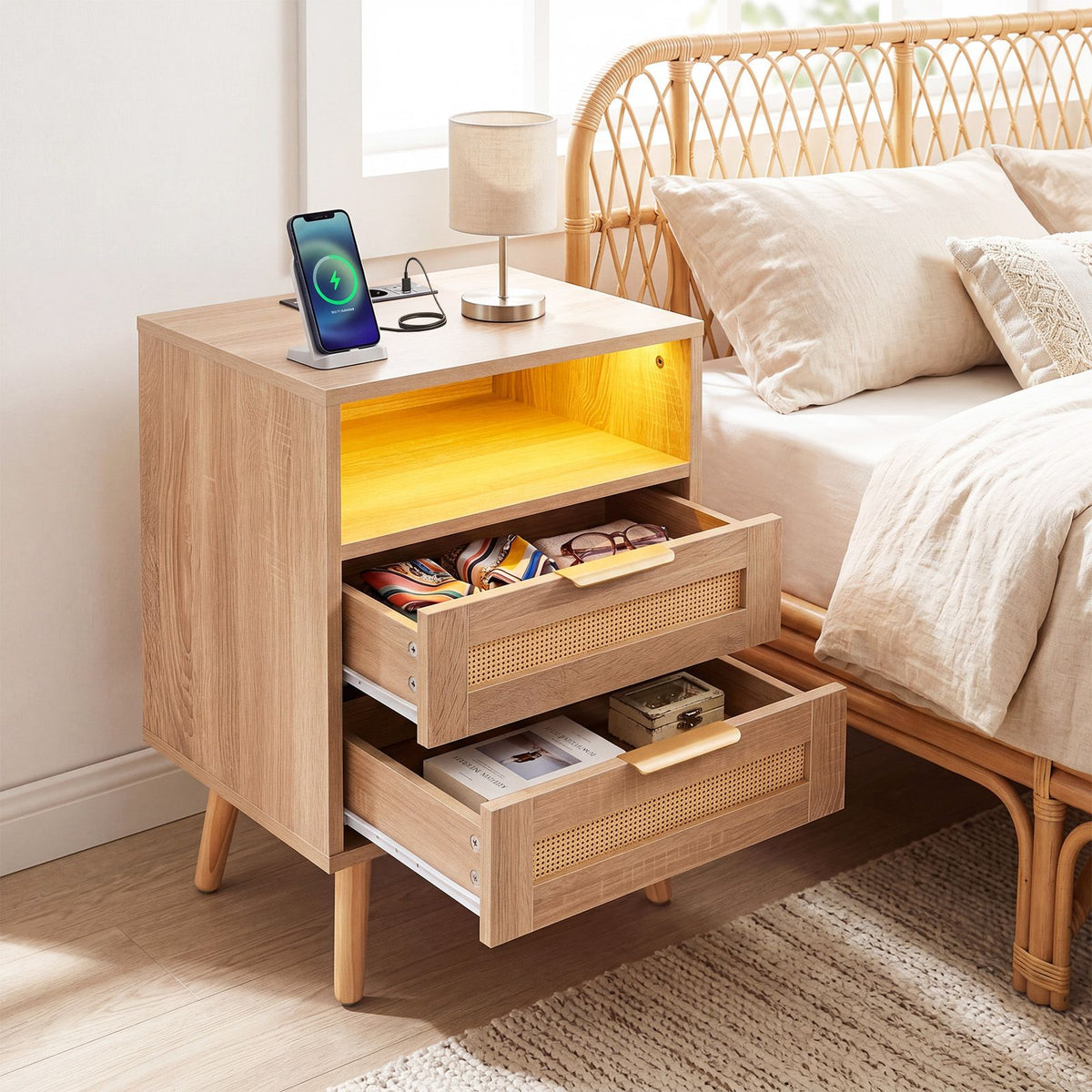 Boho Nightstand with Charging Station and RGB LED Light Strip