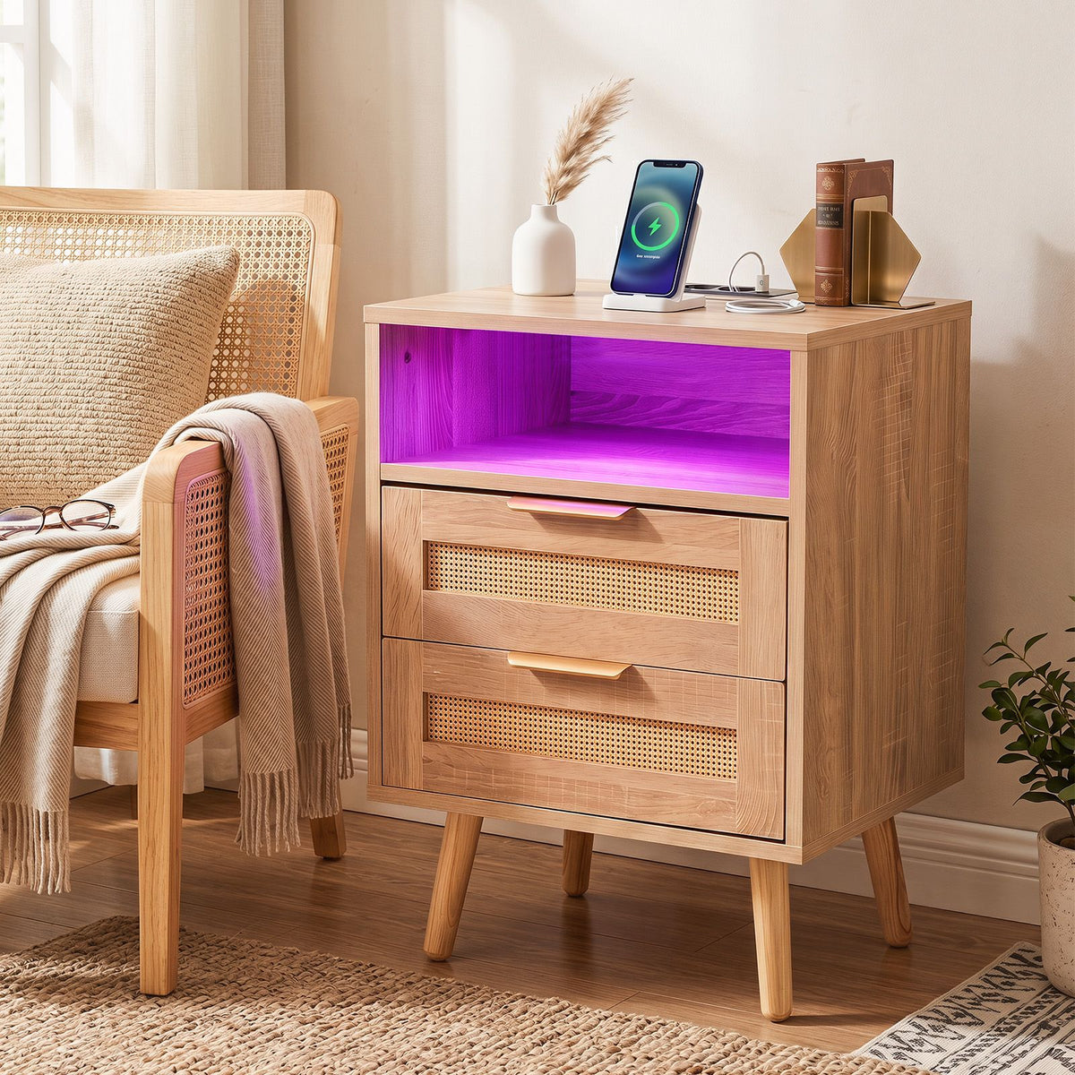 Boho Nightstand with Charging Station and RGB LED Light Strip