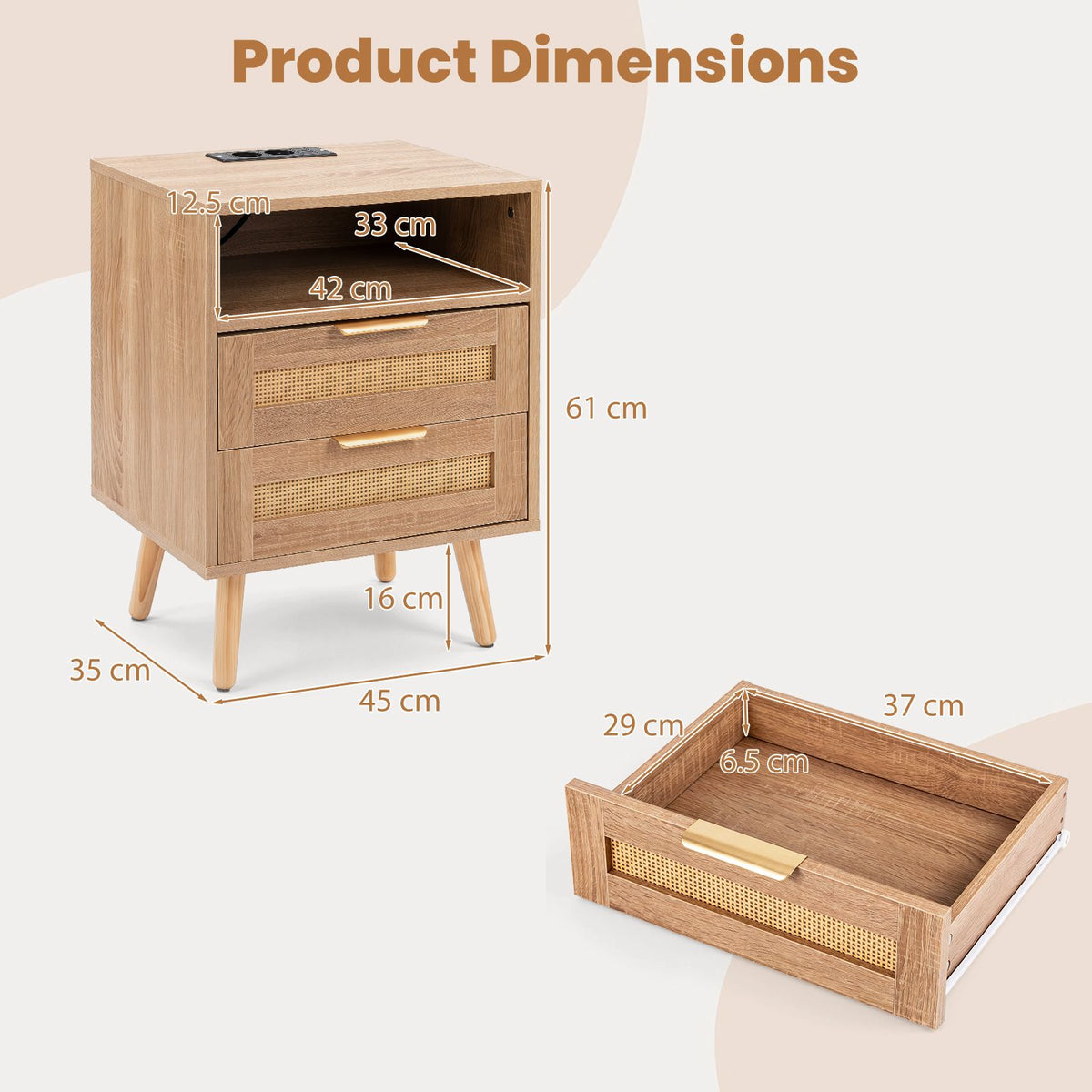 Boho Nightstand with Charging Station and RGB LED Light Strip