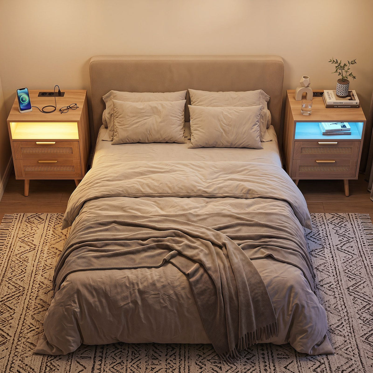 Boho Nightstand with Charging Station and RGB LED Light Strip