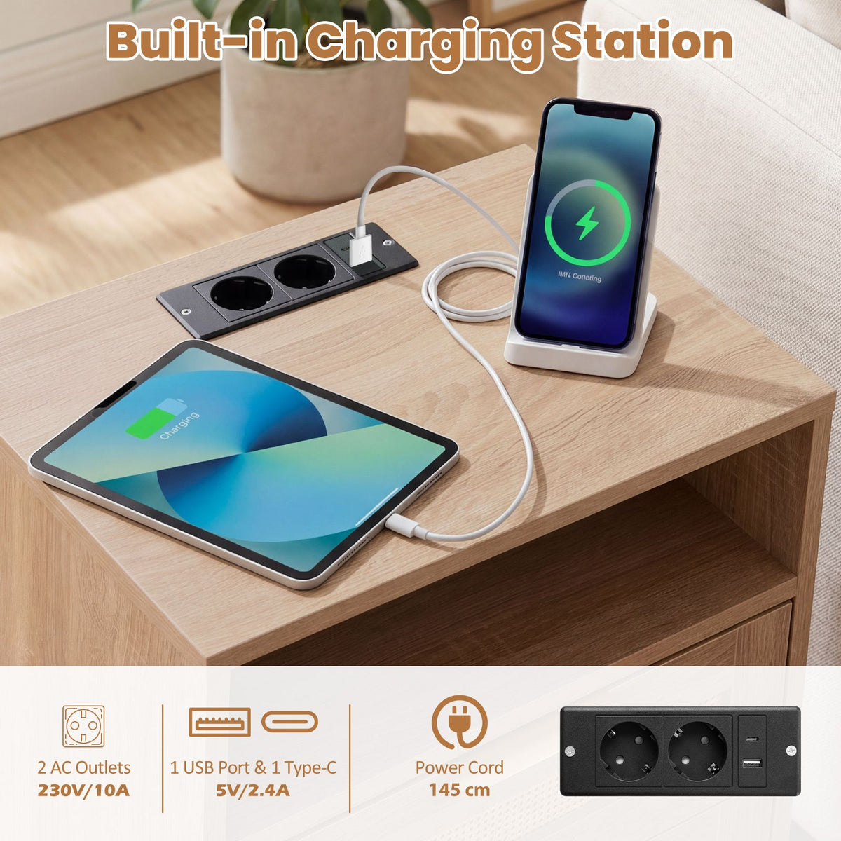 Boho Nightstand with Charging Station and RGB LED Light Strip